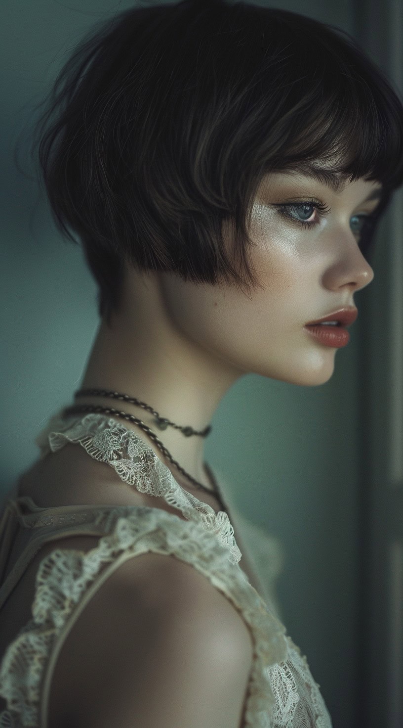 This image shows a woman with a romantic bob featuring wispy ends for a delicate look.