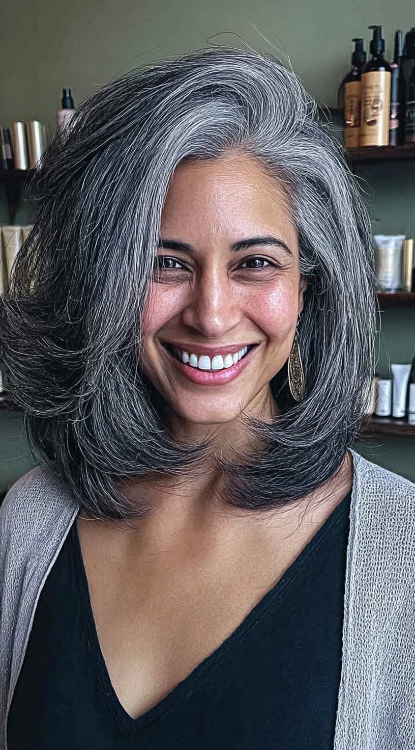 Frontal image of a woman with shoulder-length salt and pepper hair styled into rounded layers with soft volume.