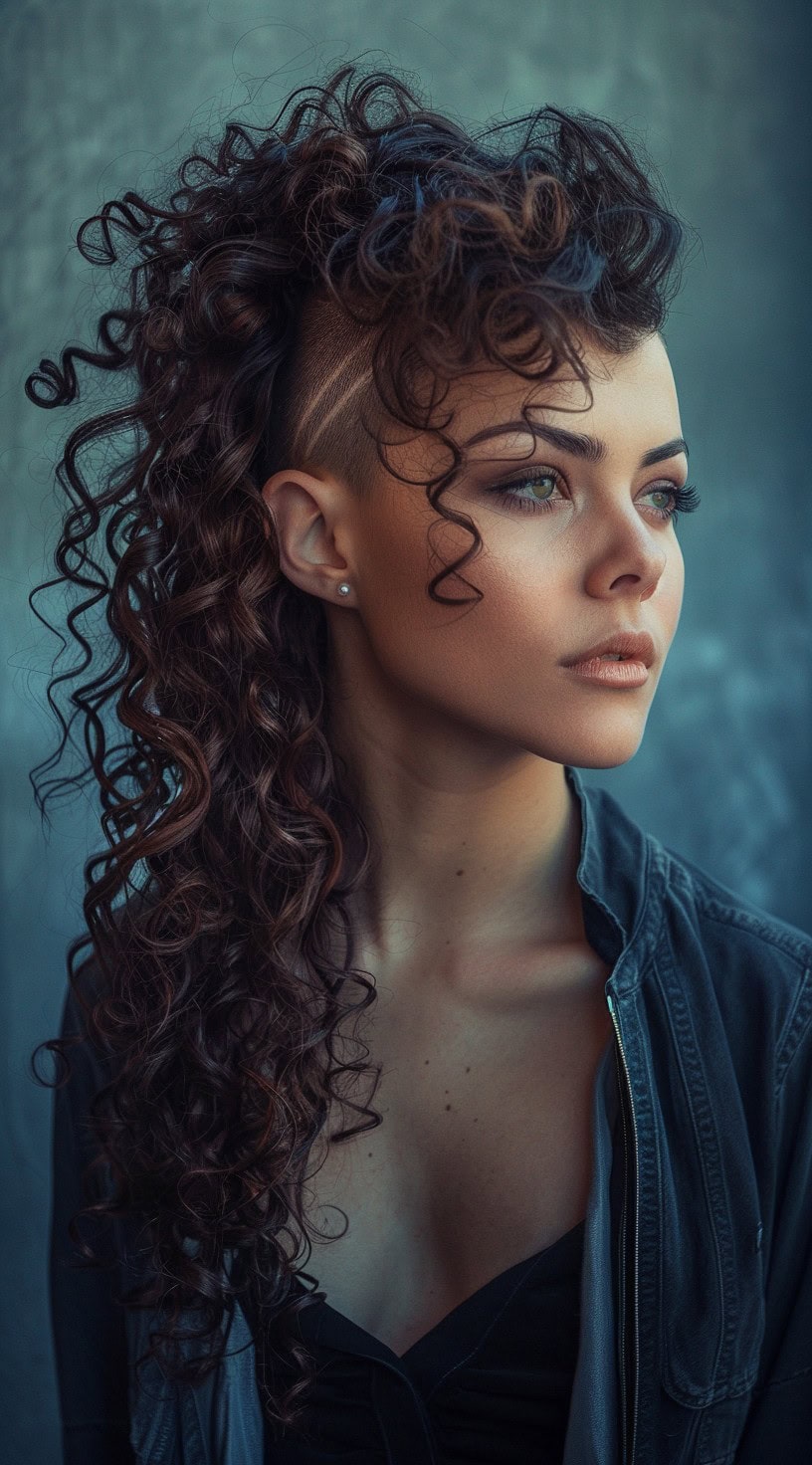 A woman with long curly hair and intricate shaved patterns on the undercut.