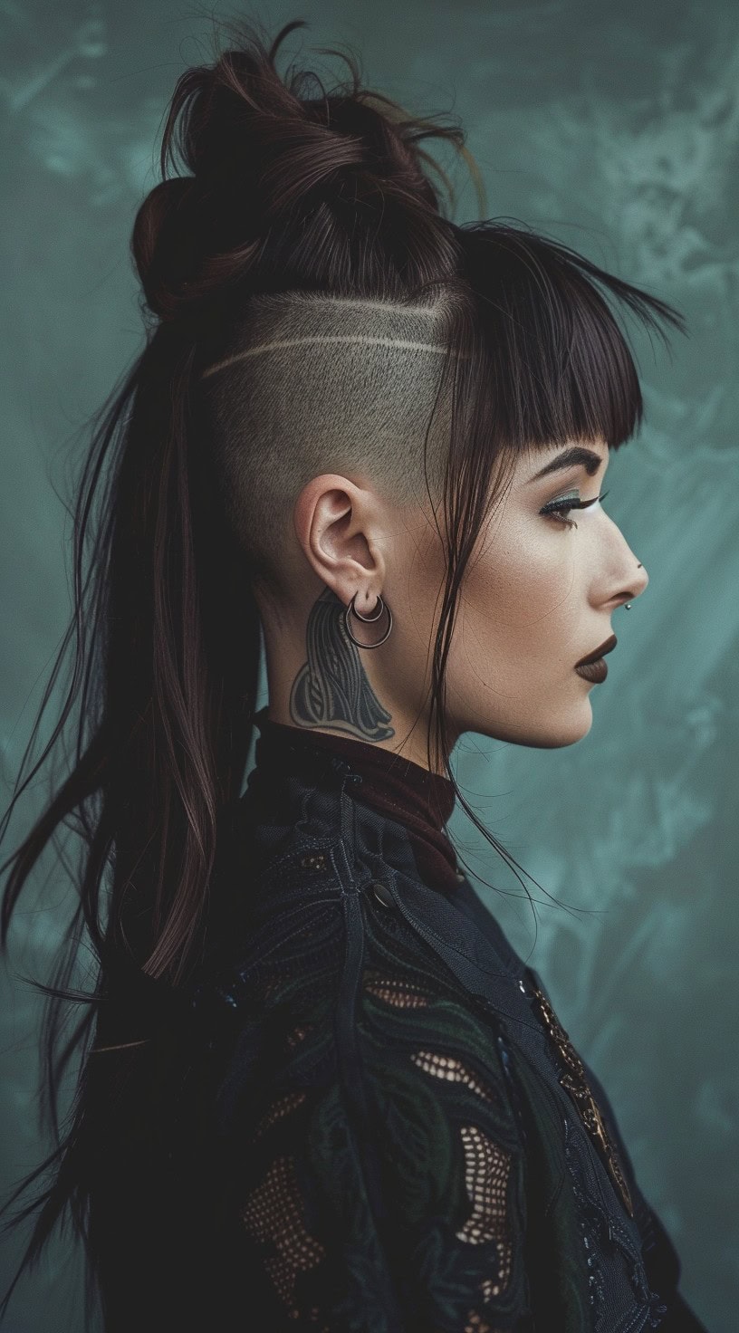 This image displays a woman with a shaved undercut, top knot, and bangs.