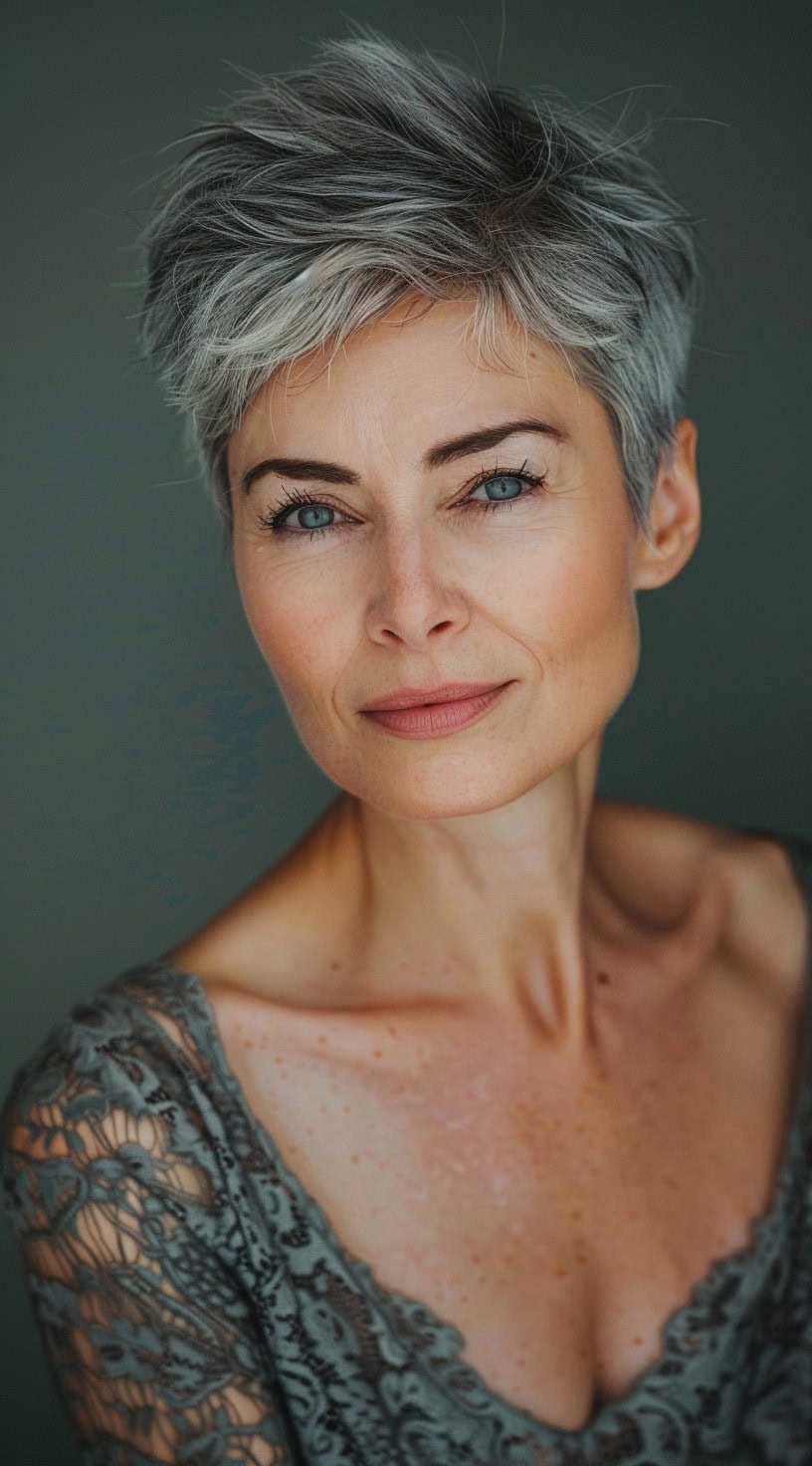 In this photo, a woman with a short and chic pixie cut featuring silver and dark grey tones is shown against a muted background.