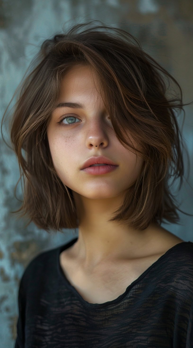 This photo shows a woman with a short bob and side-swept bangs covering one eye.