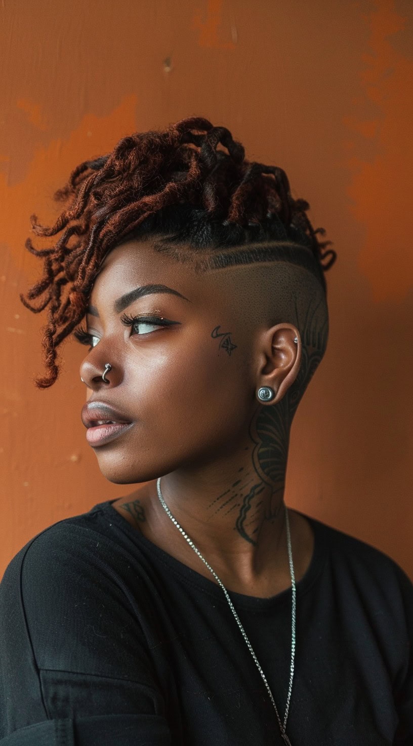 Side view of a woman with short locs and a double line pattern shaved into the undercut, standing against an orange wall.