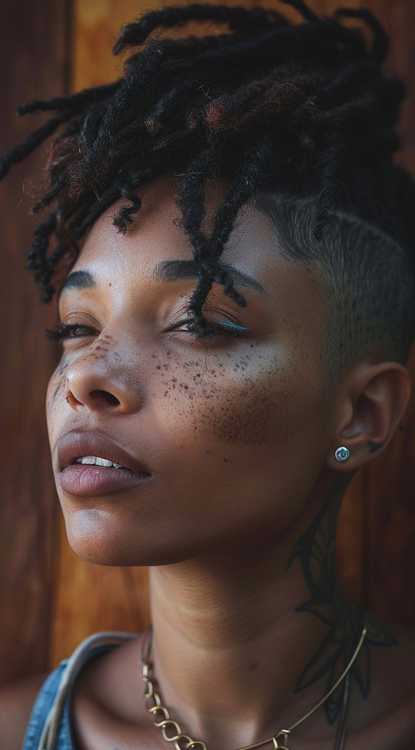 Side view of a woman with freckled skin, short locs, and a subtle undercut, captured against a wooden background.