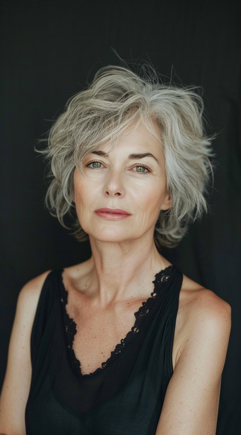 In this photo, a woman with a short silver shag poses with a confident smile.