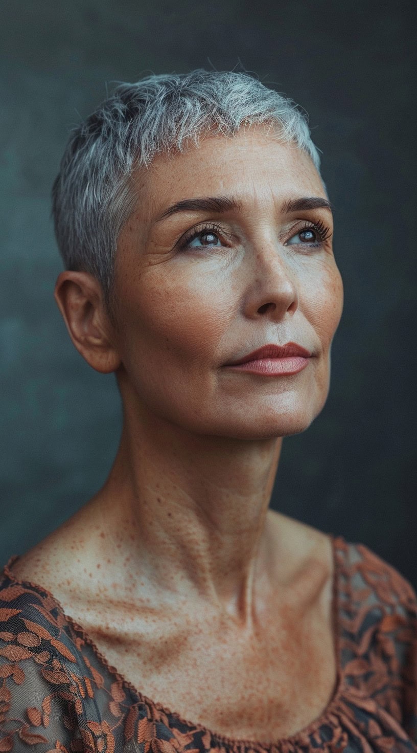 In this photo, a woman with a short and sleek silver pixie cut gazes upwards against a muted background.