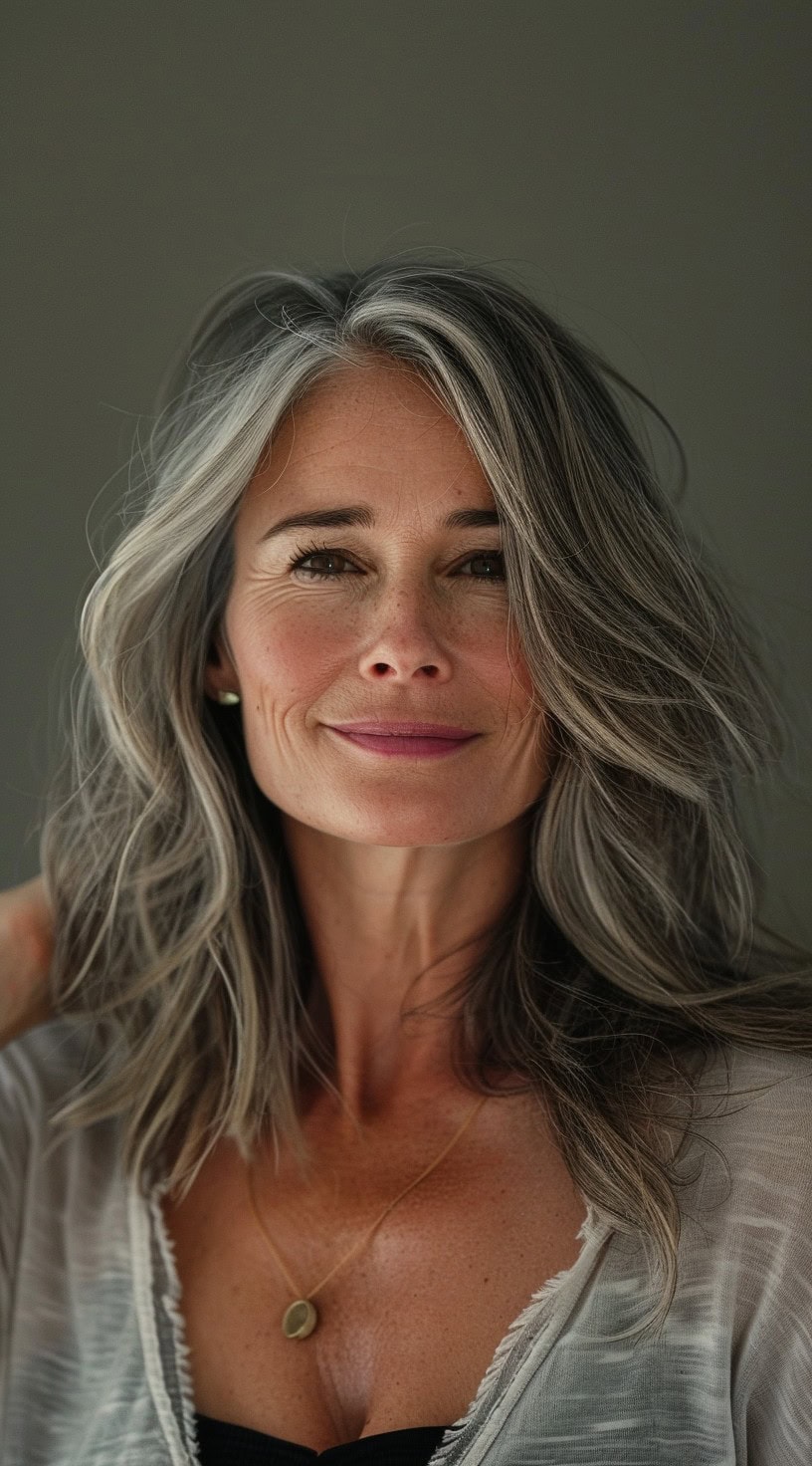 In this photo, a woman with shoulder-length layered silver hair smiles warmly.