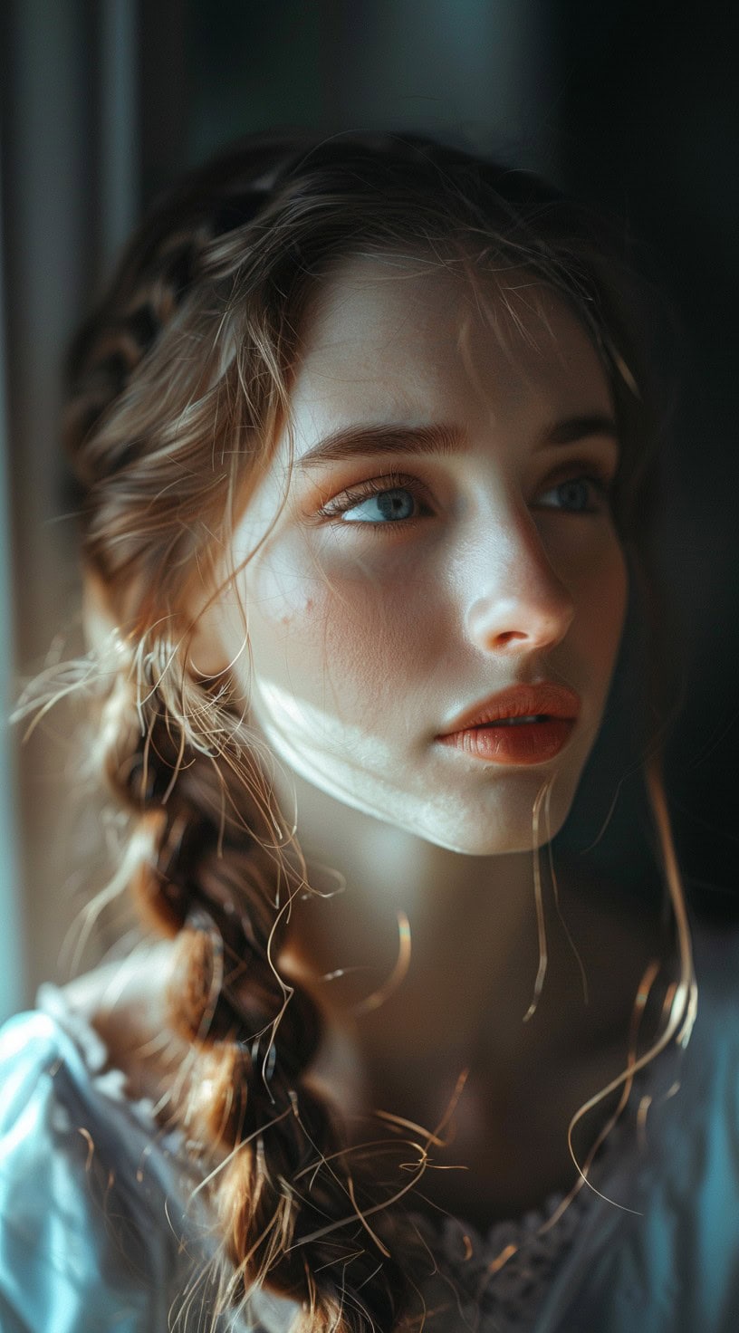 A young woman with a side braid, her hair loosely woven over her shoulder.