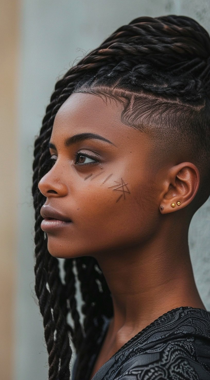 Close-up of a woman with twisted braids on top and a side shaved with intricate patterns.