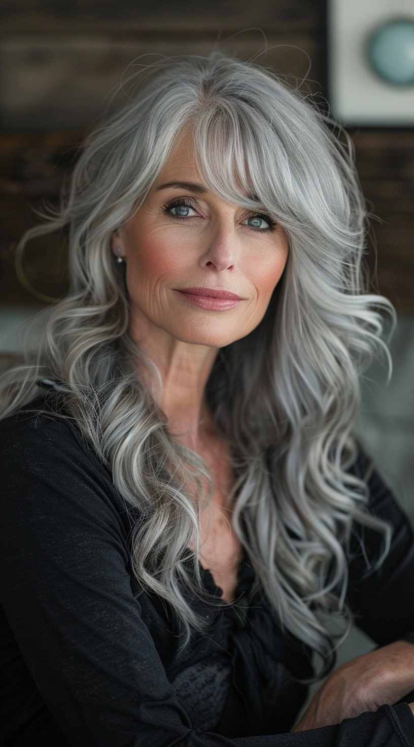 In this photo, a woman with side-swept bangs and long silver waves smiles warmly.