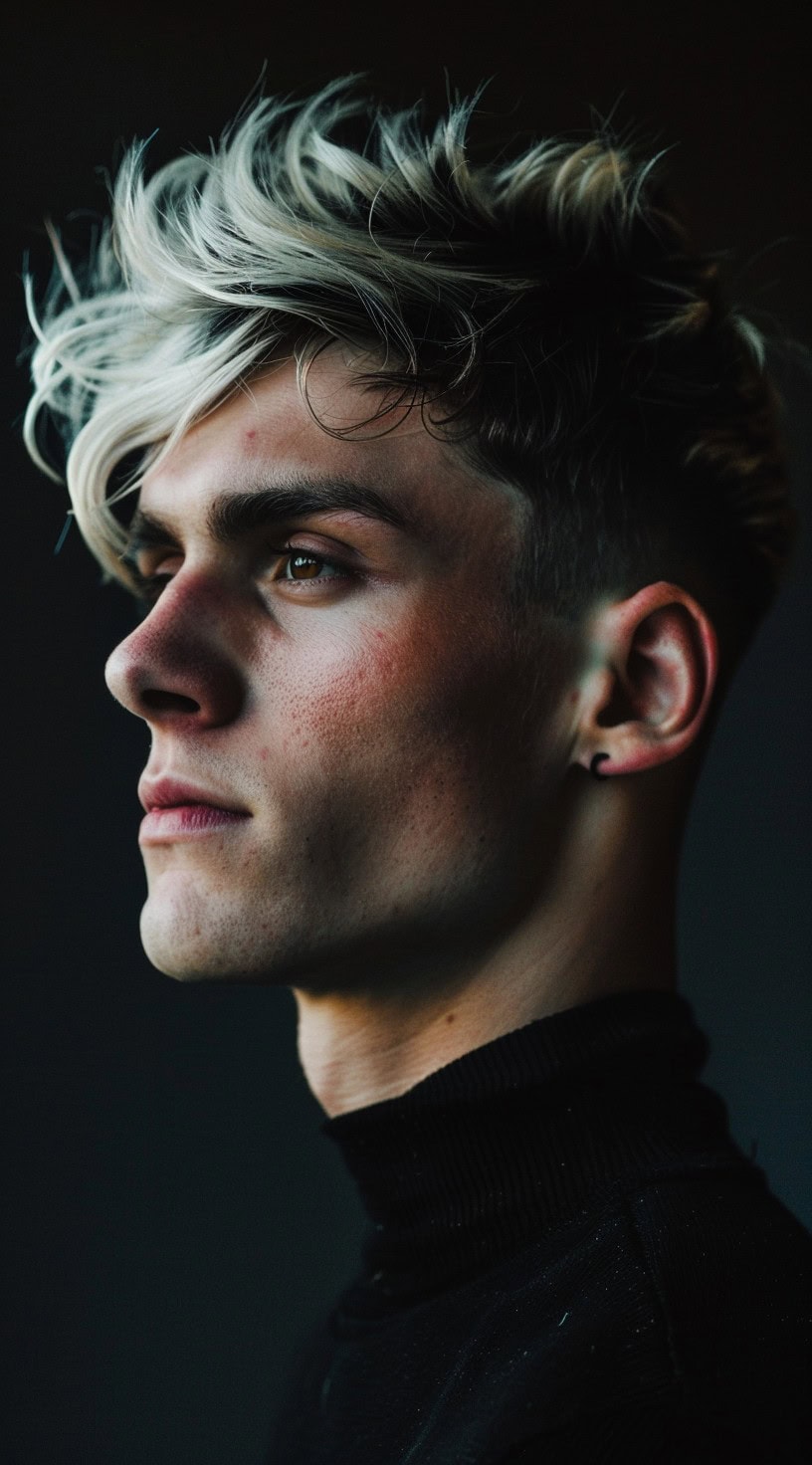 In this photo, a man with side-swept blonde highlights on his black hair is captured in profile.