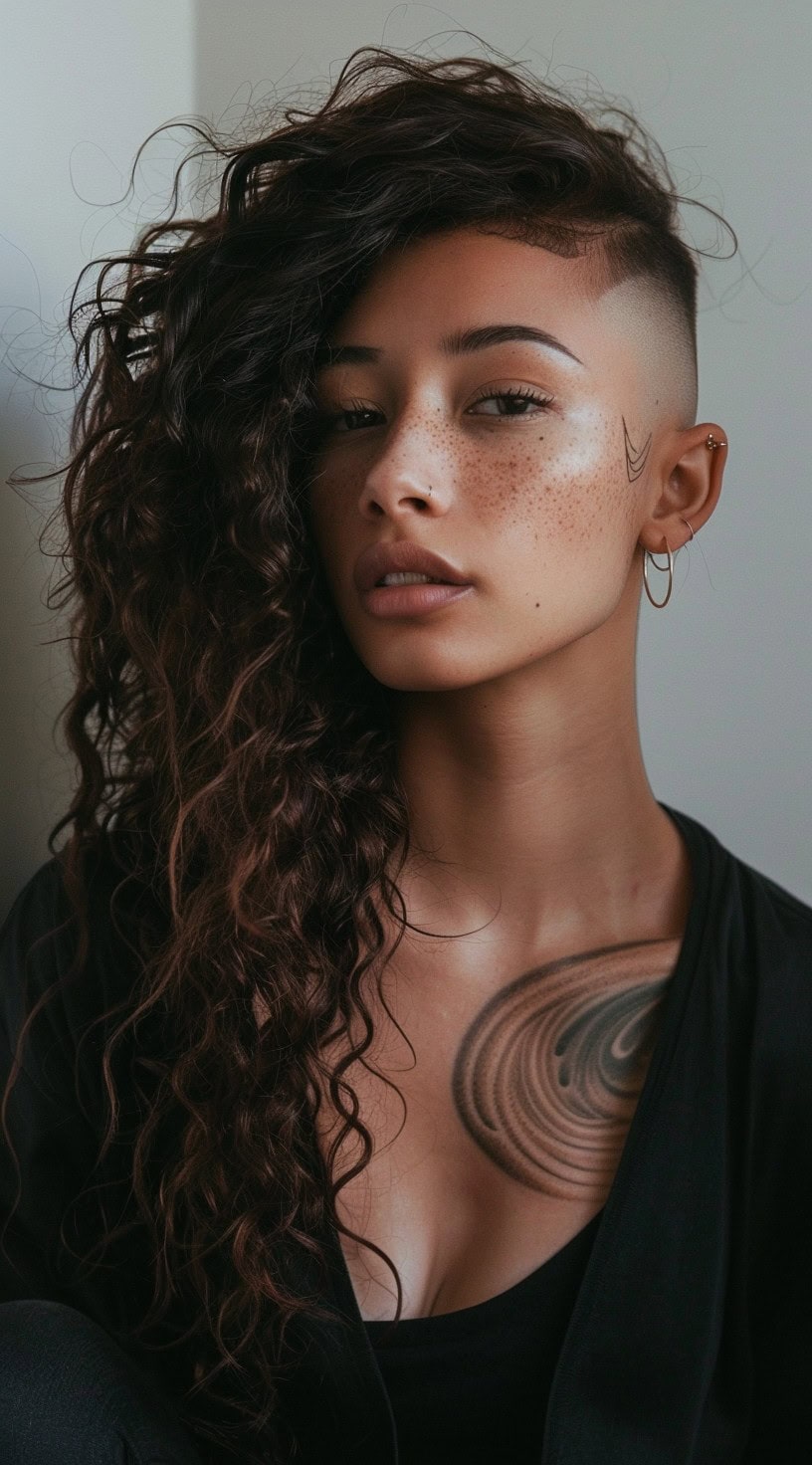 A woman with long curly hair swept to one side, featuring a shaved design on the undercut.