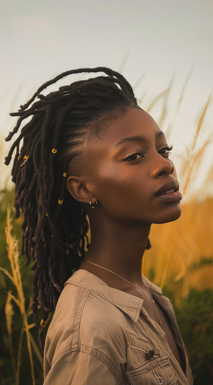 Side view of a woman with side-swept locs and a shaved undercut, standing in a field.