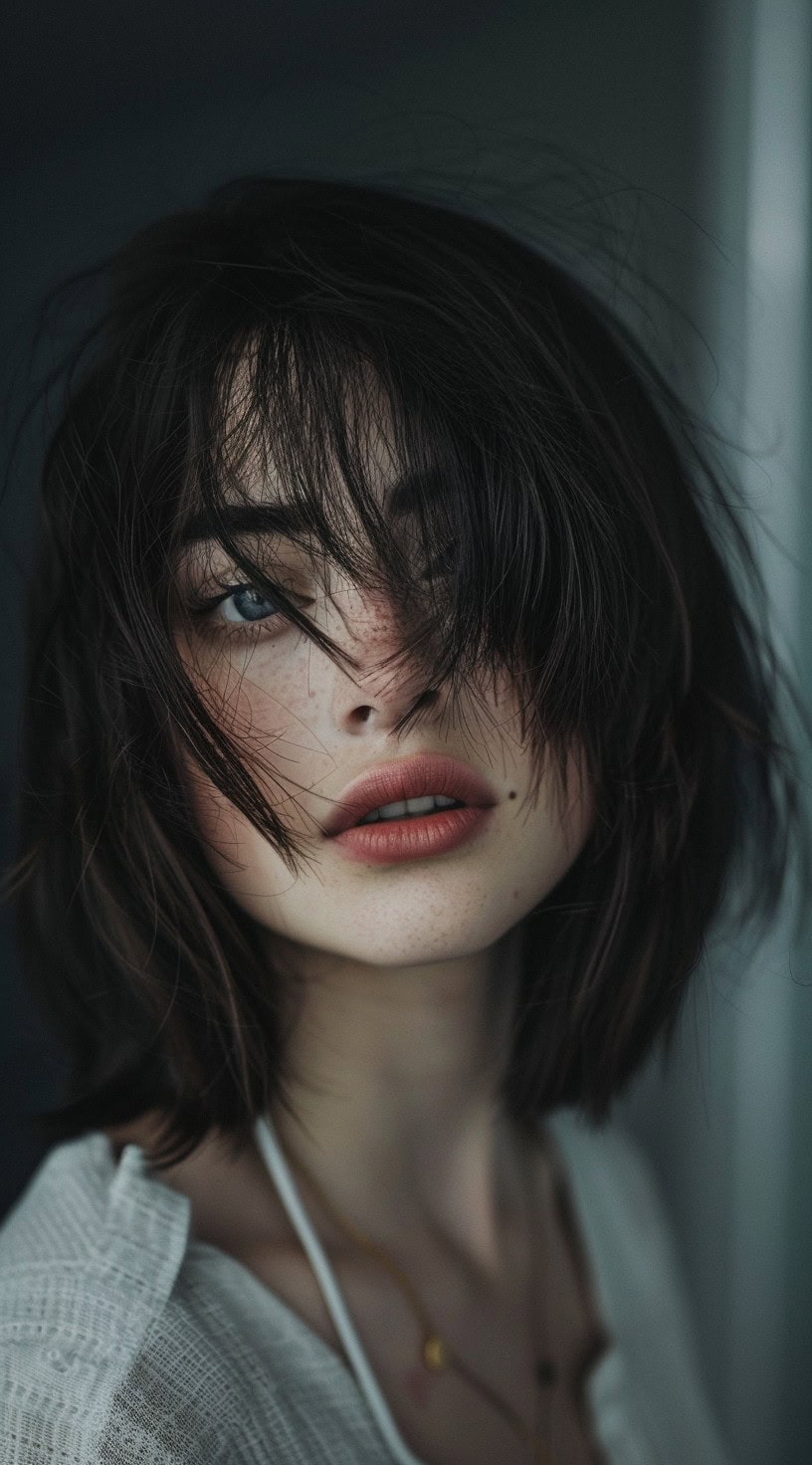 This photo shows a woman with long, side-swept bangs covering one eye.