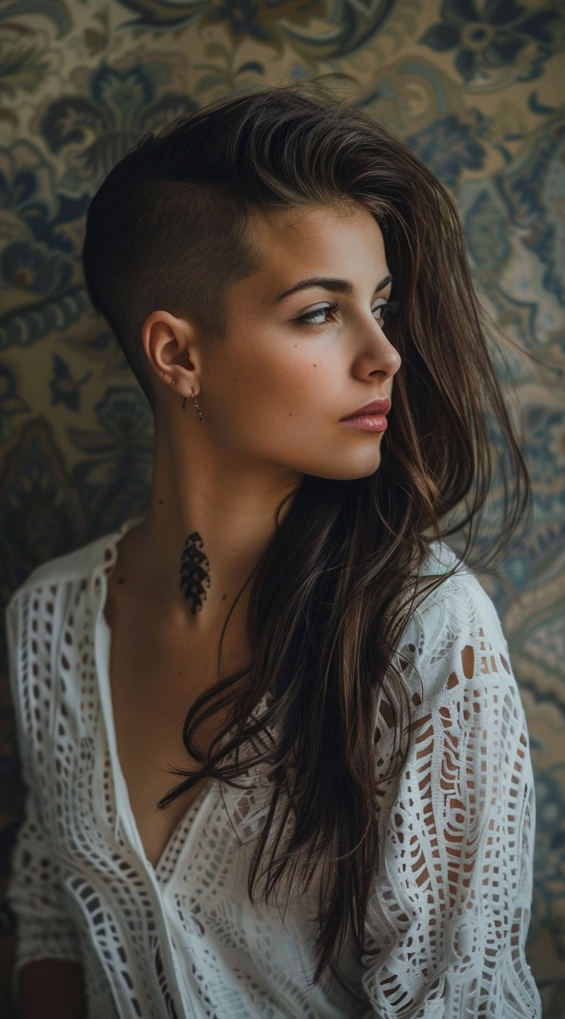 This photo shows a woman with side-swept long hair and an undercut.