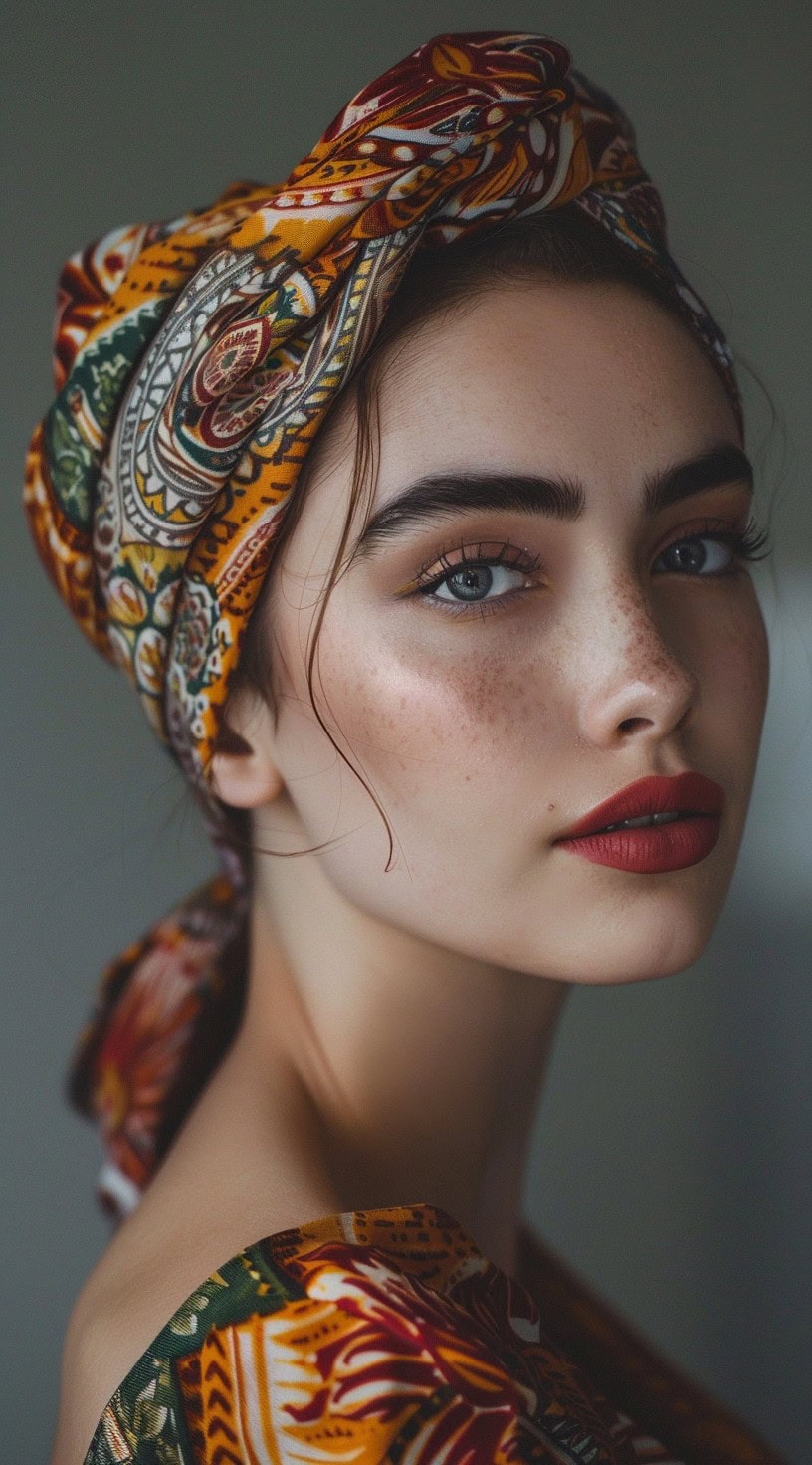 Side profile of a woman with a silk scarf wrap, adding a vibrant touch to her look.