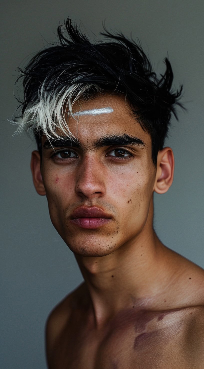 In this photo, a man with silver bangs and black hair stares directly into the camera.