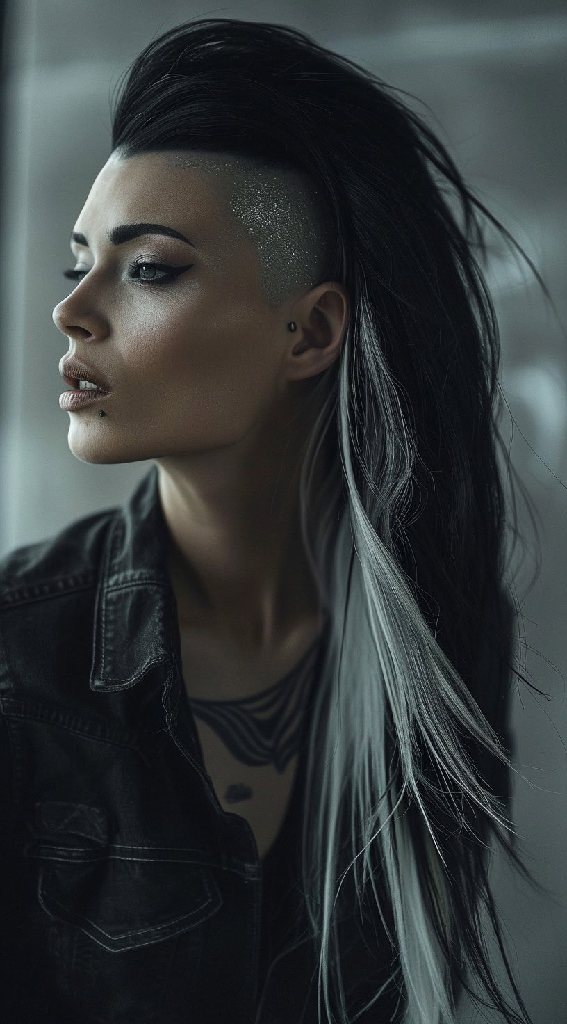 This photo depicts a woman with a silver colored undercut and black long hair with silver streaks.