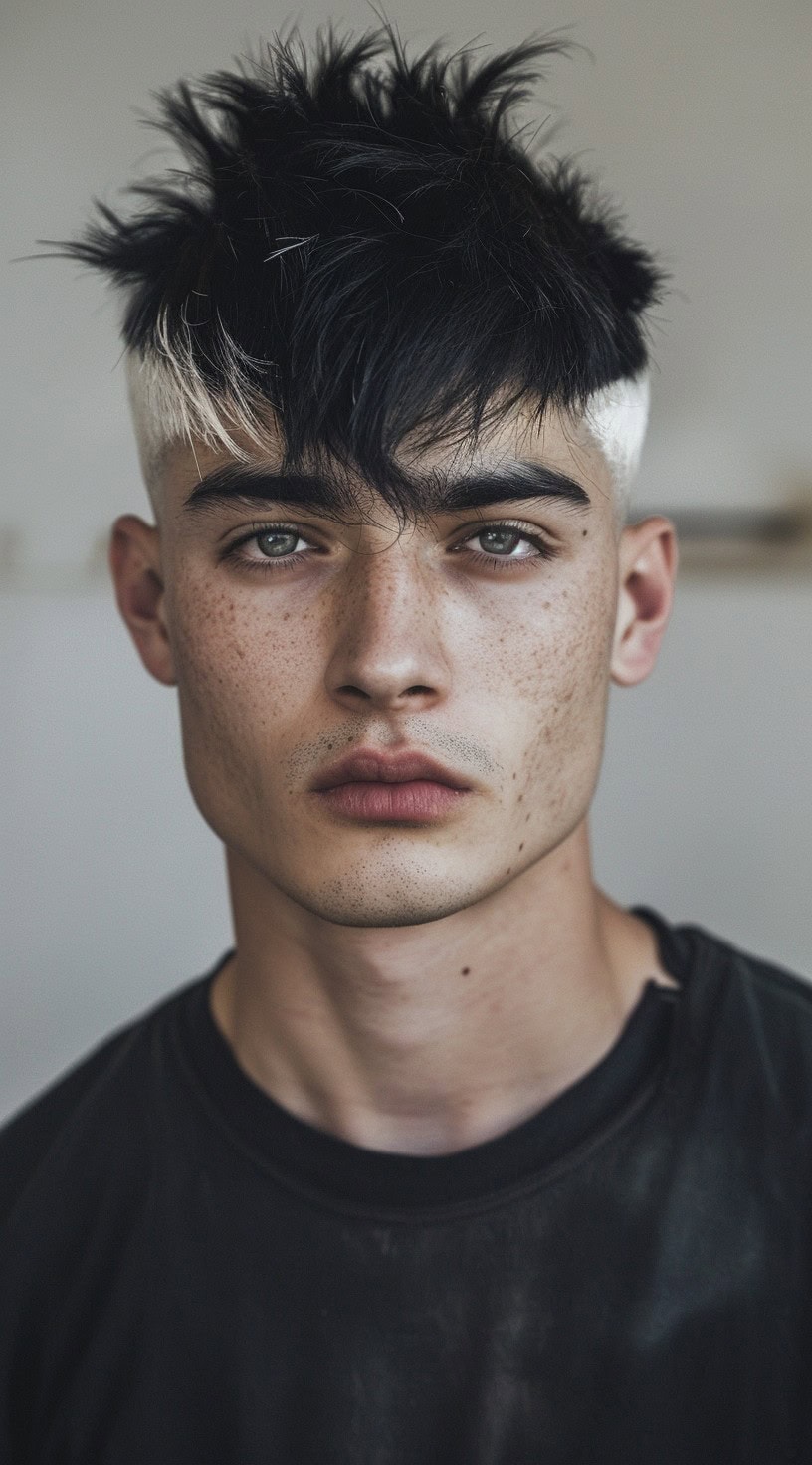 In this photo, a man with a silver undercut and a black top is looking straight ahead.