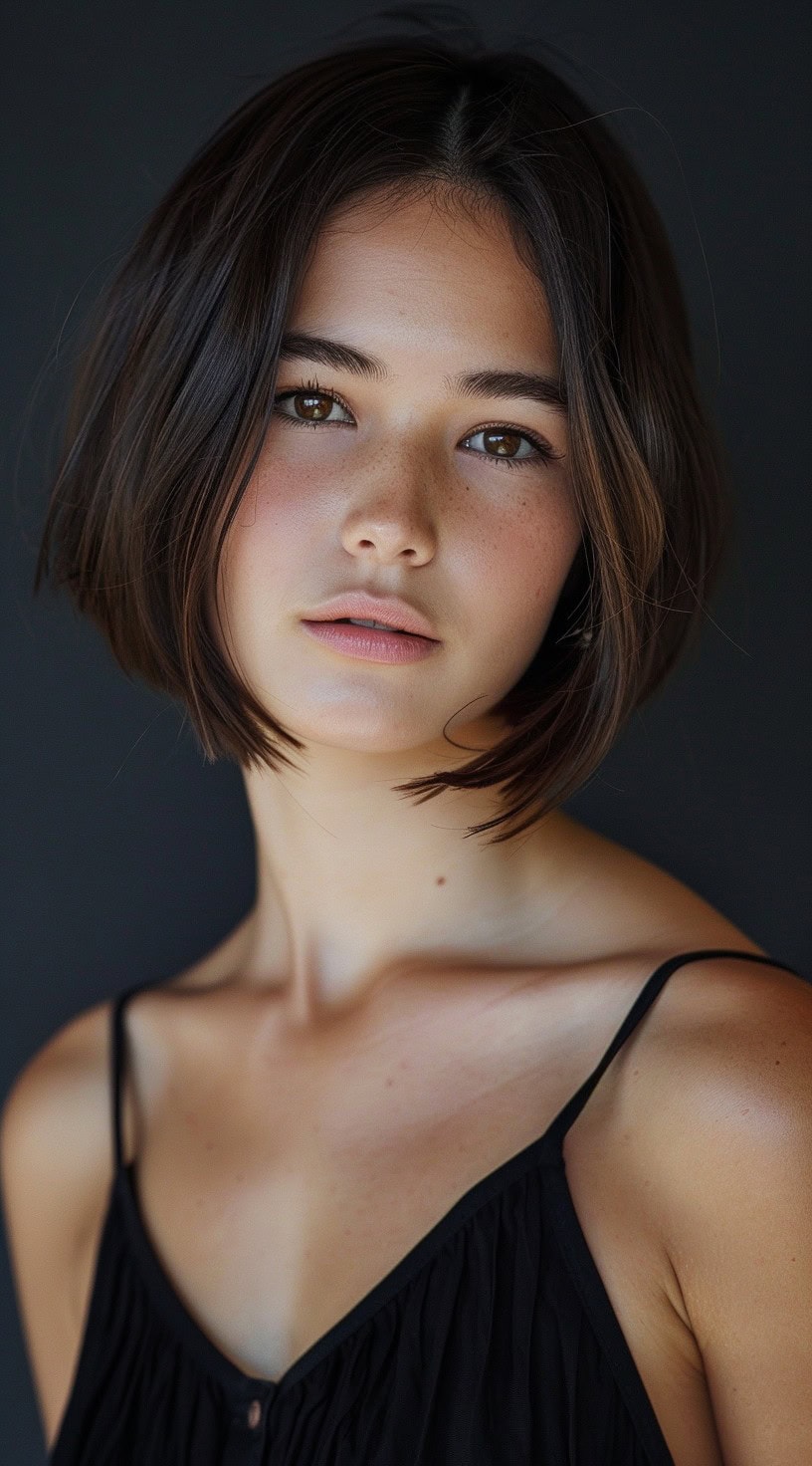 Front view of a woman with a sleek blunt bob, with hair neatly trimmed to the same length.