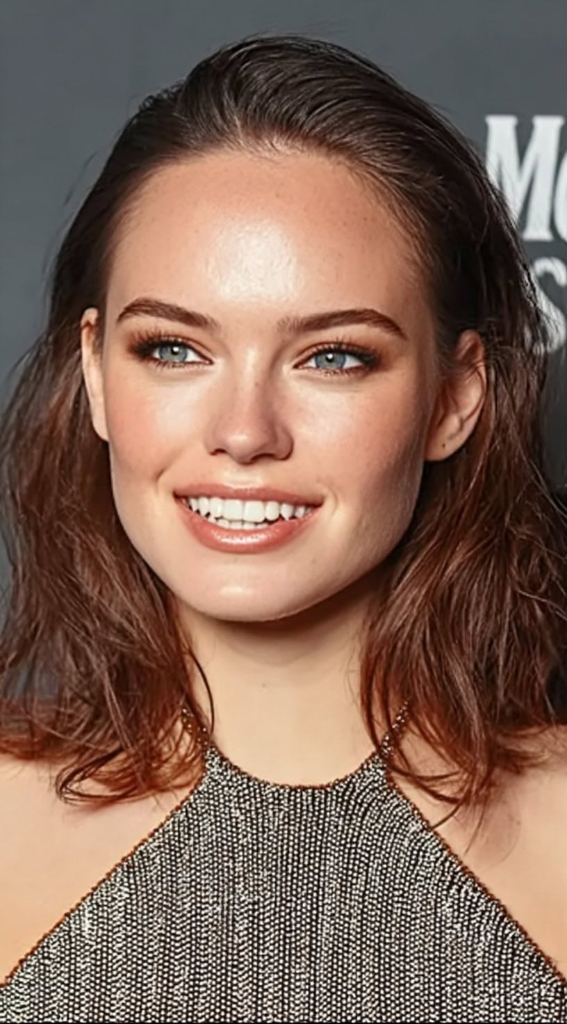 Brunette hair brushed back smoothly from the face with soft volume and a mid-length cut.