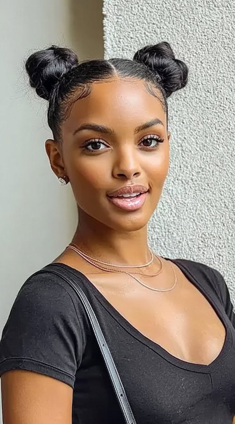 Young woman wearing two sleek high buns with smooth roots and softly curled edges.