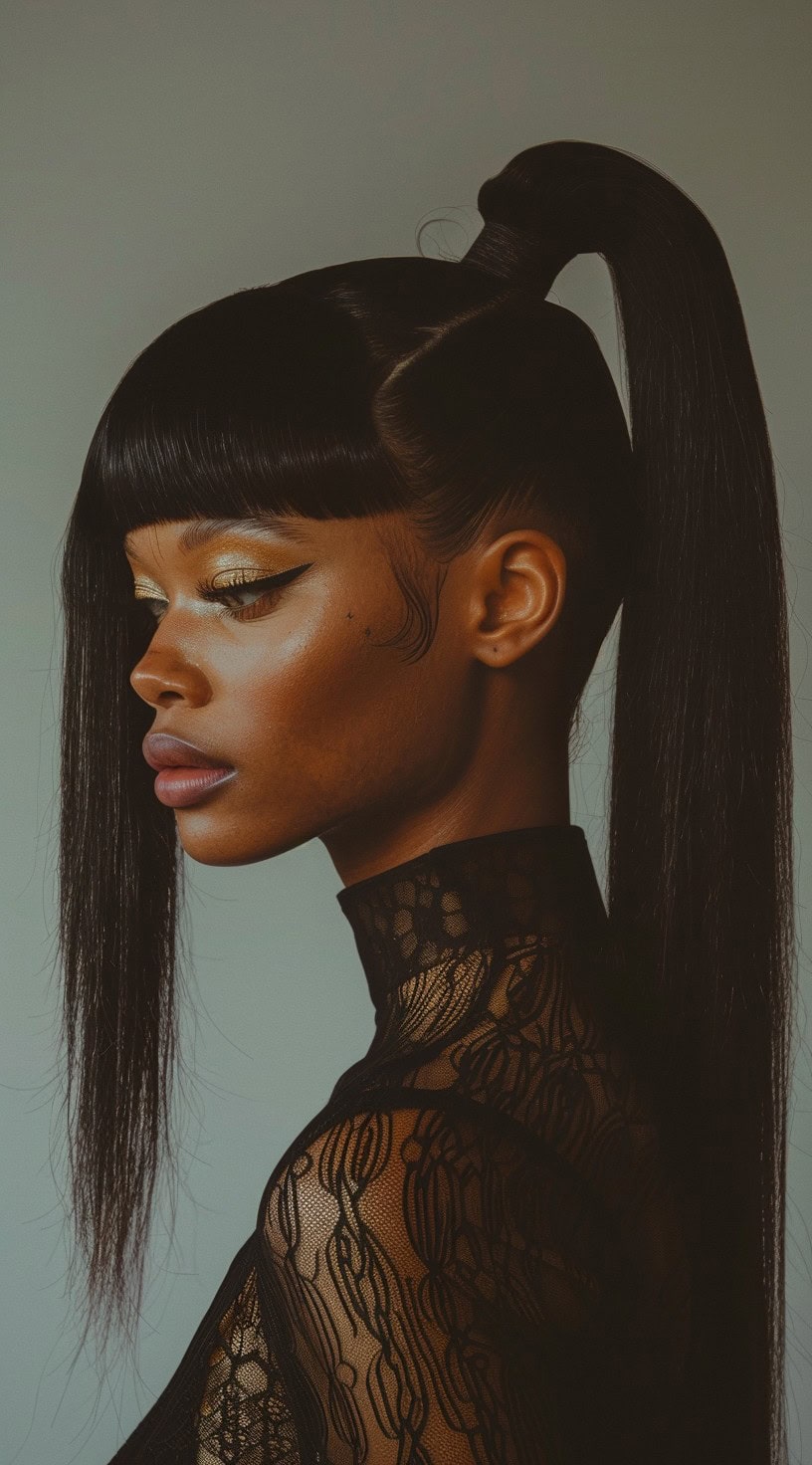 A woman with a sleek high ponytail, blunt bangs, and thick framing tendrils on one side.