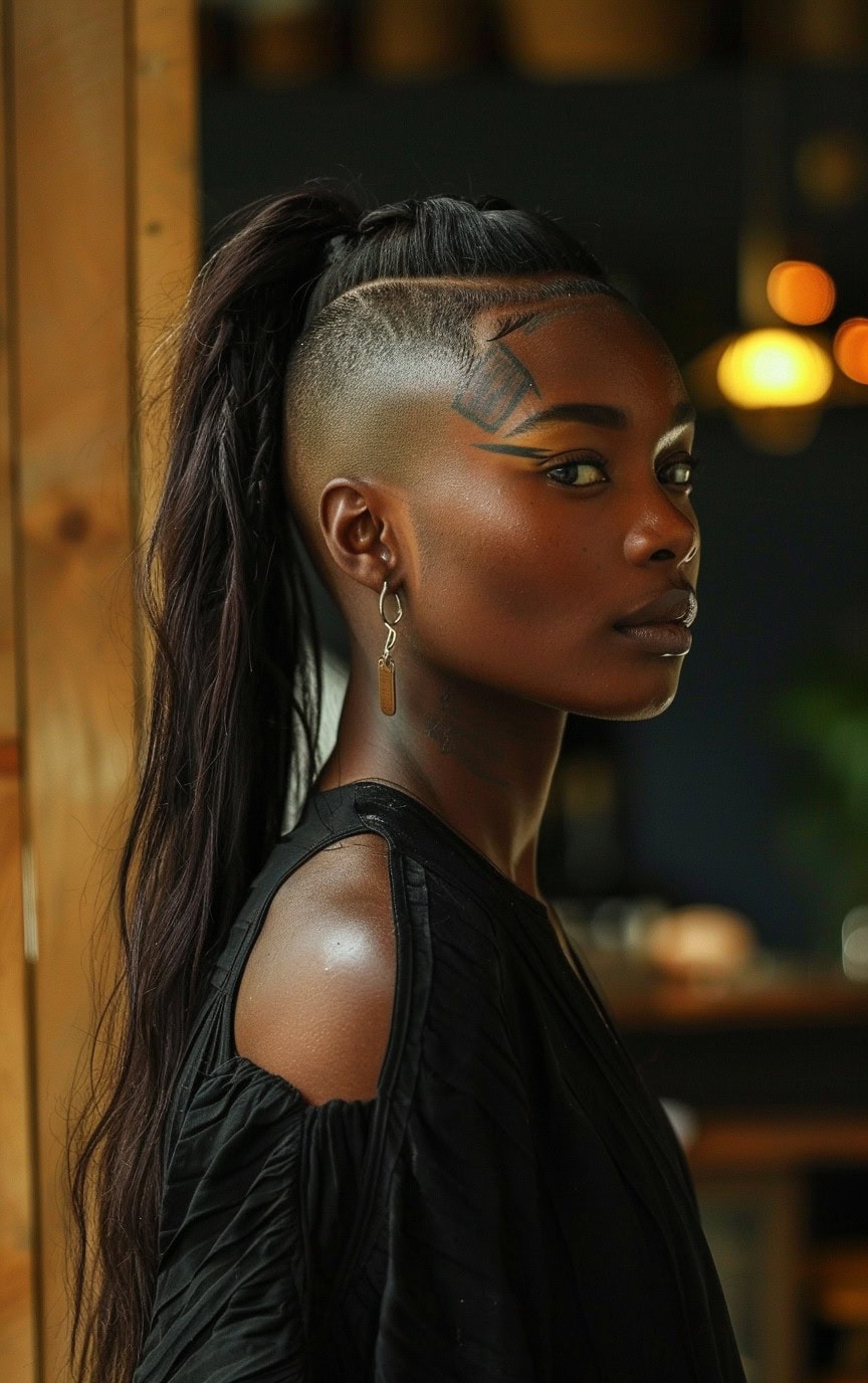 Profile of a woman with a sleek ponytail and undercut, featuring minimalistic jewelry.