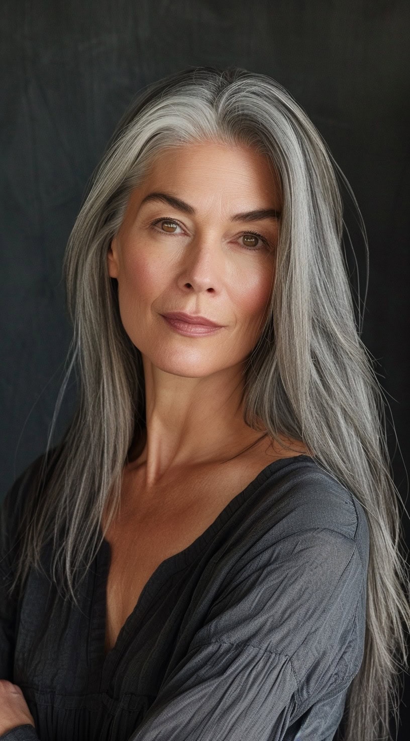 In this photo, a woman with sleek, straight silver hair poses confidently.