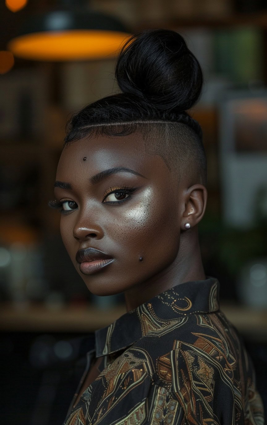 Close-up of a woman with a sleek top knot and shaved sides, highlighted by soft lighting.