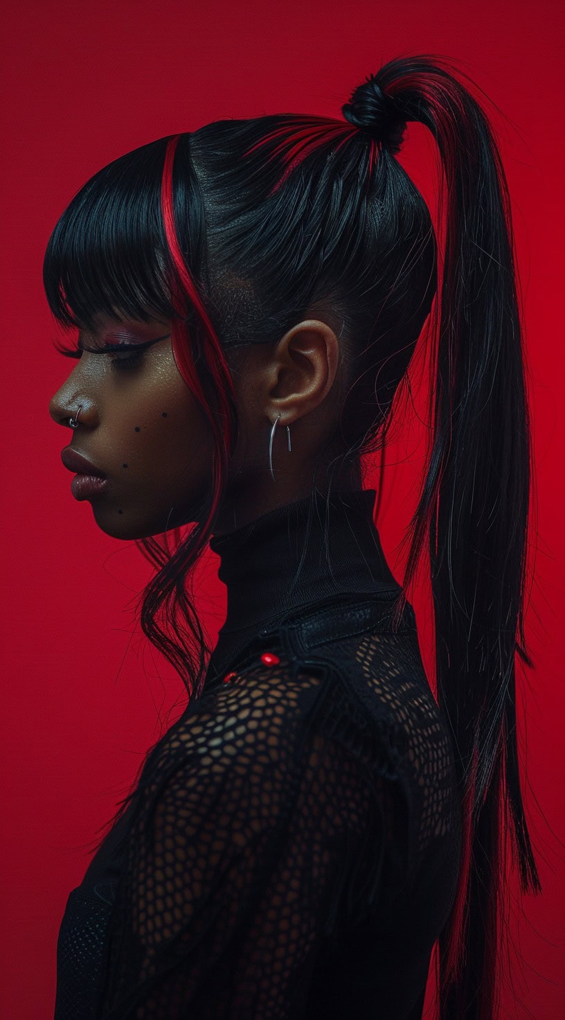 A woman with a high ponytail, sleek wispy bangs, and red accents.