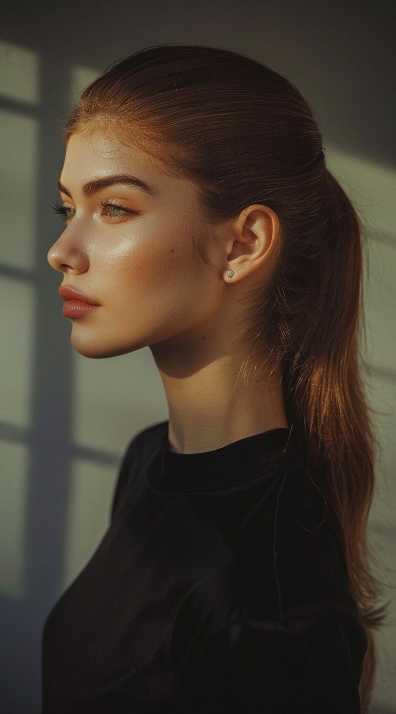 Side profile of a woman with a sleek, slicked-back ponytail.