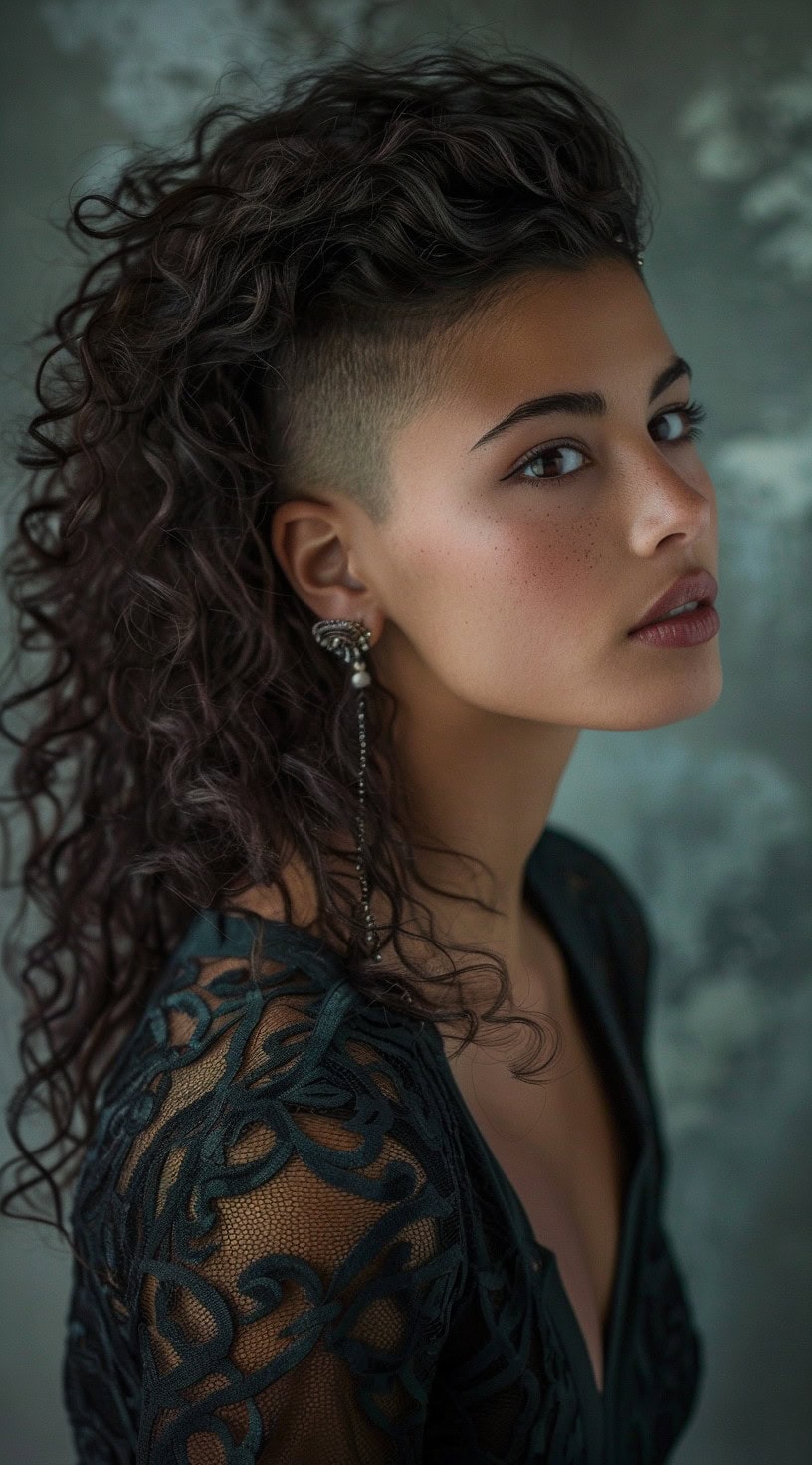 A woman with long curly hair and a shaved undercut, styled to one side.