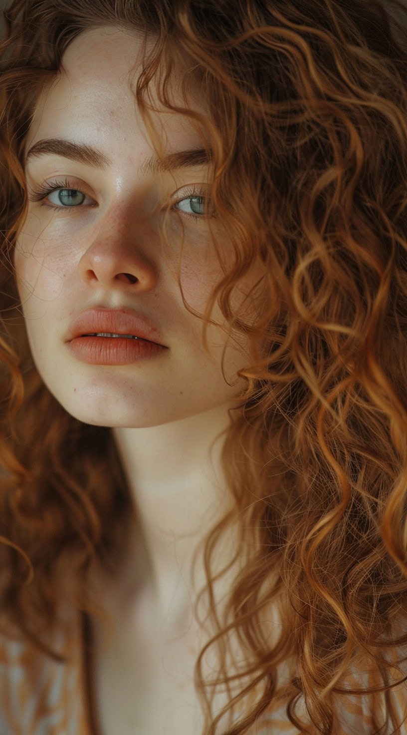 Close-up of a woman with soft, red curls cascading around her face.