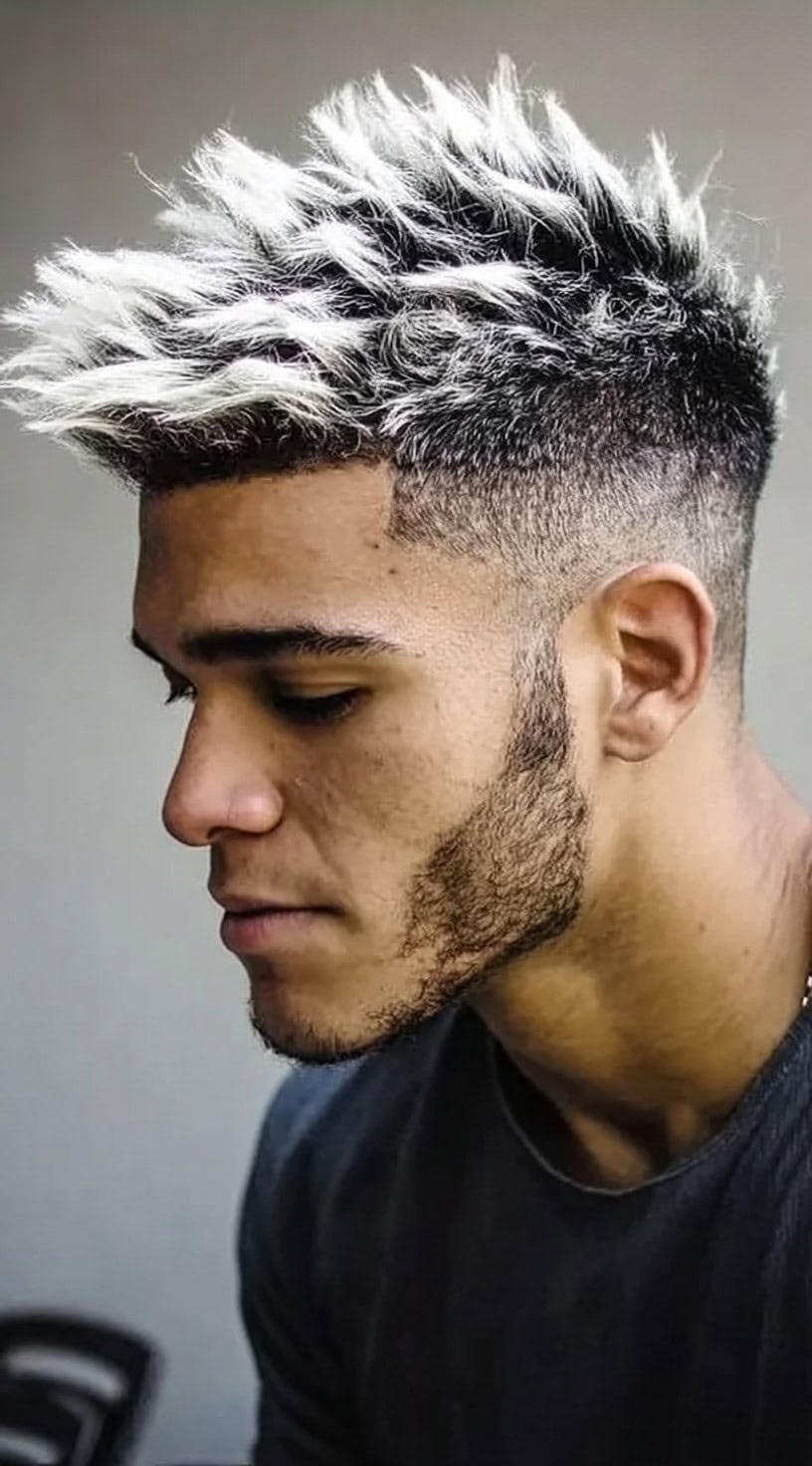 Man with spiky white tips and a dark faded undercut, creating a sharp color contrast.