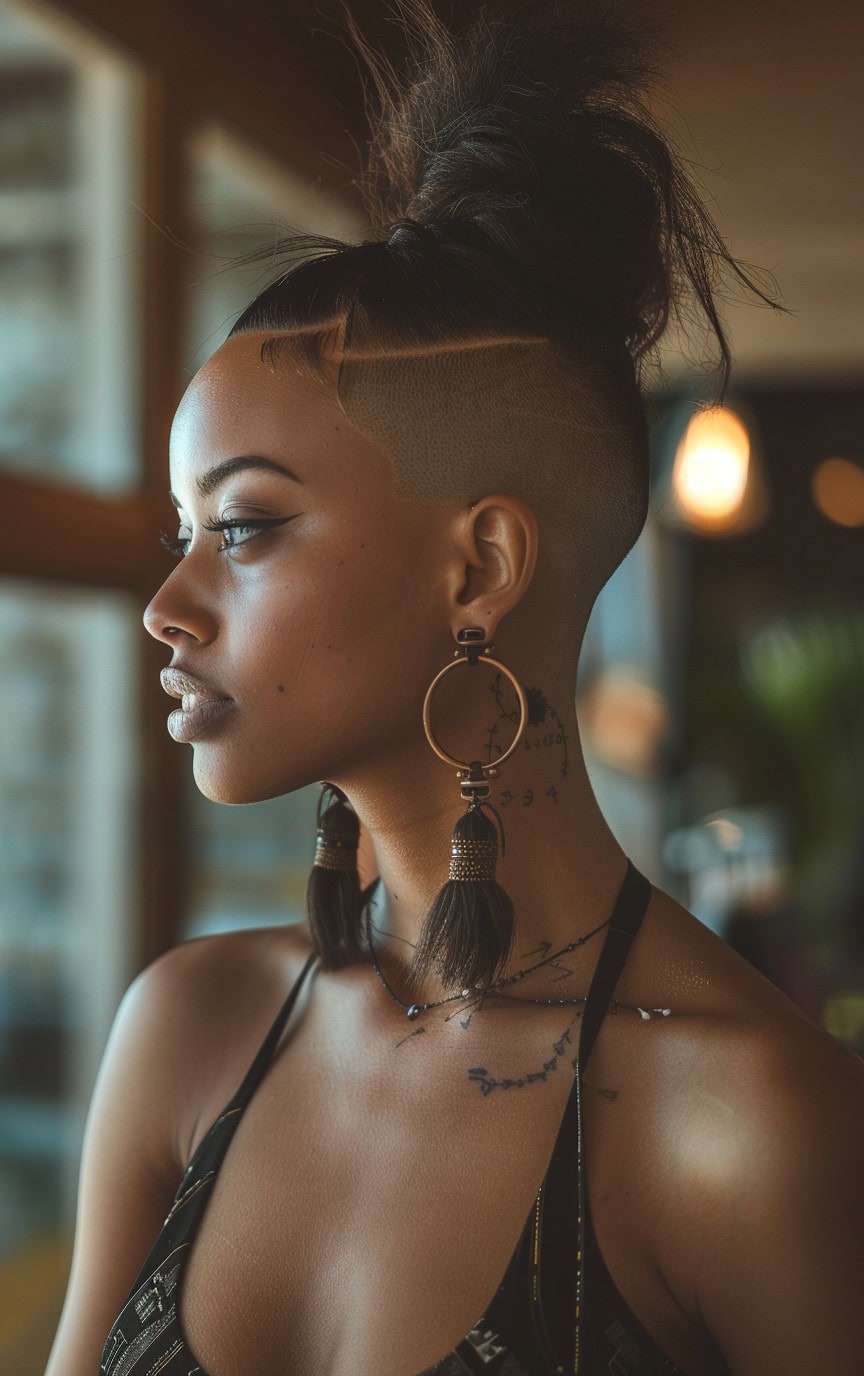 Profile of a woman with a straight hair mohawk ponytail and shaved sides, illuminated by vibrant city lights.