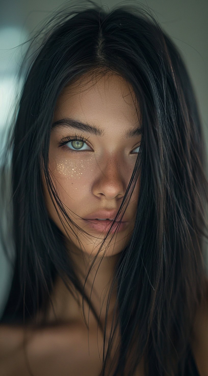 Close-up of a woman with straight dark hair cascading naturally with minimal layers.