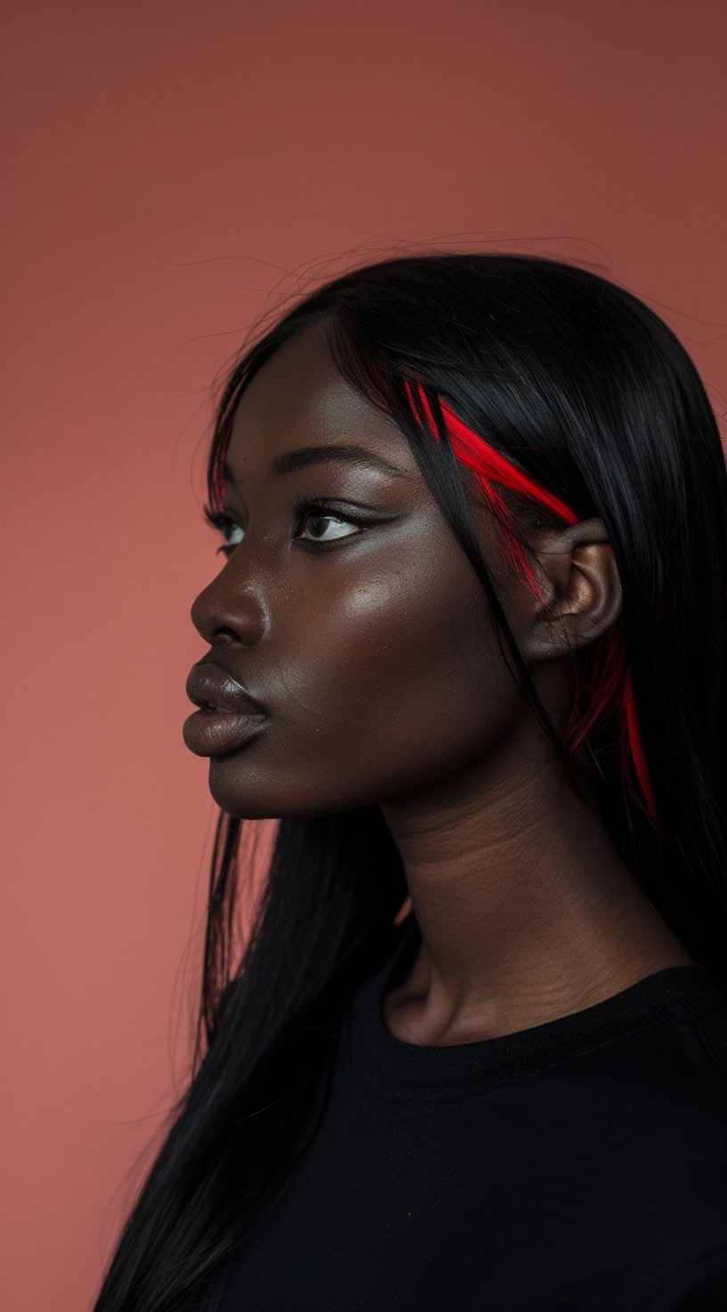 In this photo, a woman with straight long hair showcases subtle red peekaboo highlights.