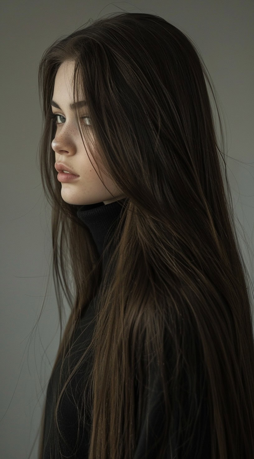 Side profile of a woman with long, straight hair styled to add significant volume at the roots.