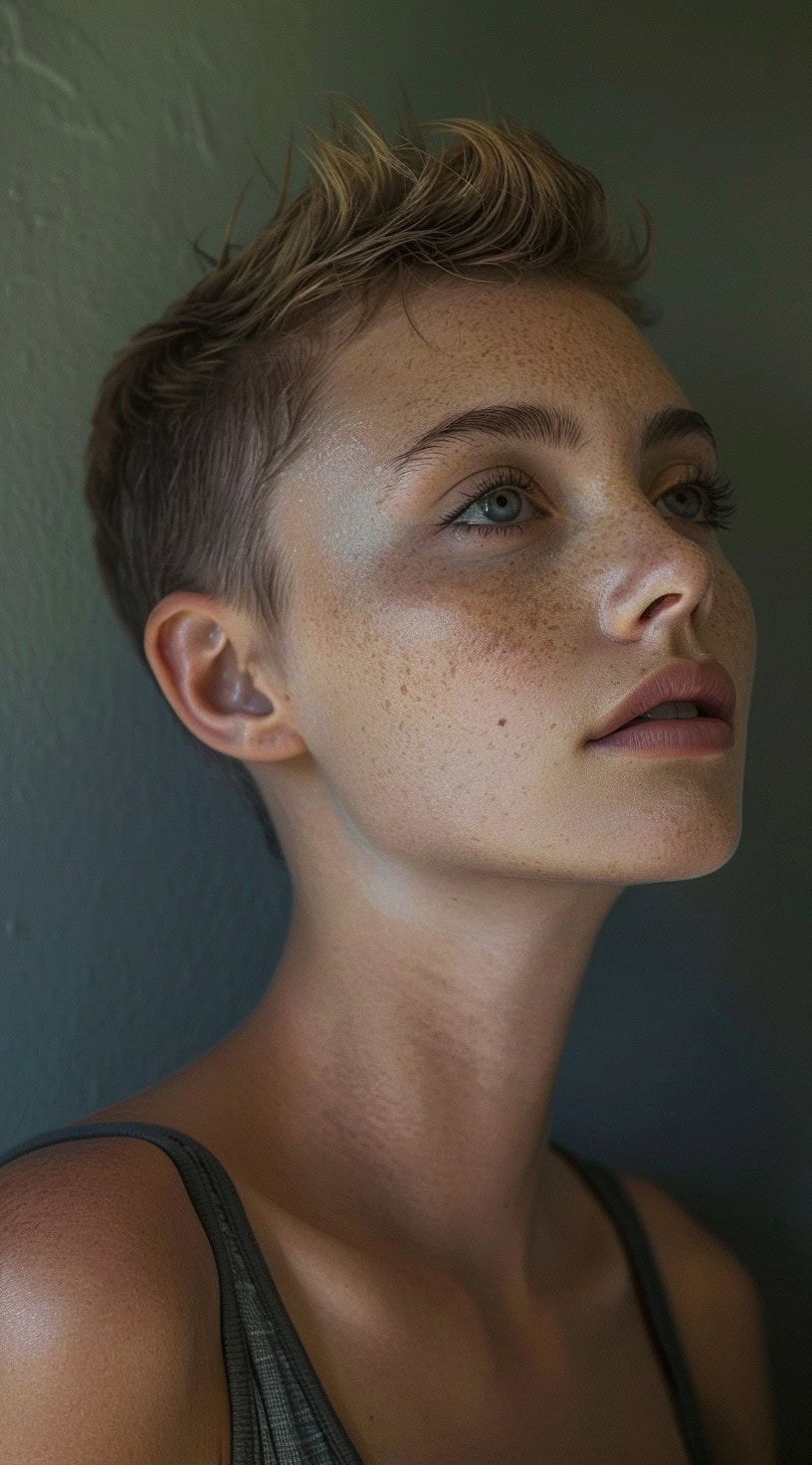 This image shows a woman with a textured crop hairstyle that adds volume and movement.