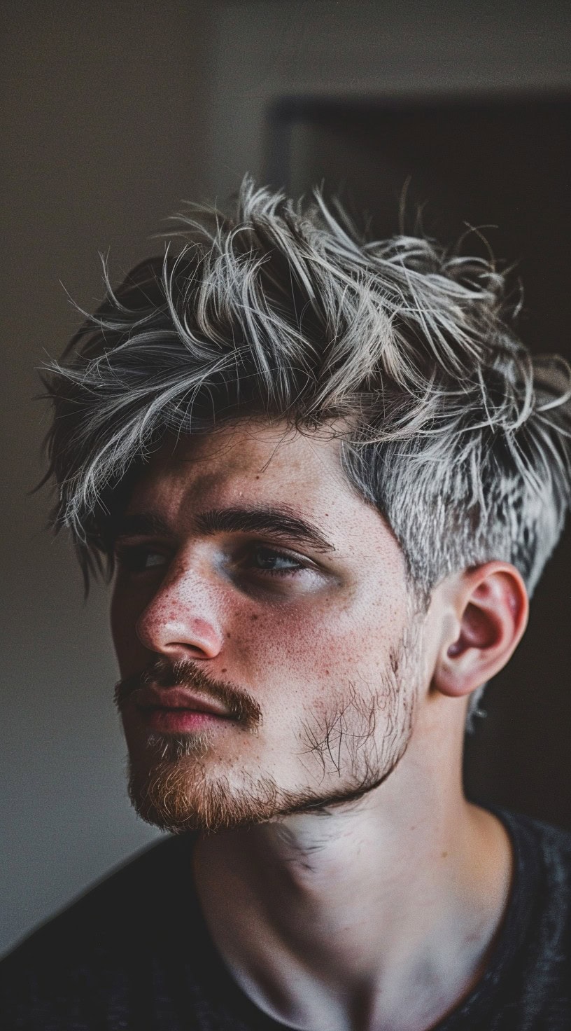 In this photo, a man with textured grey and black short hair and a beard looks pensively to the side.