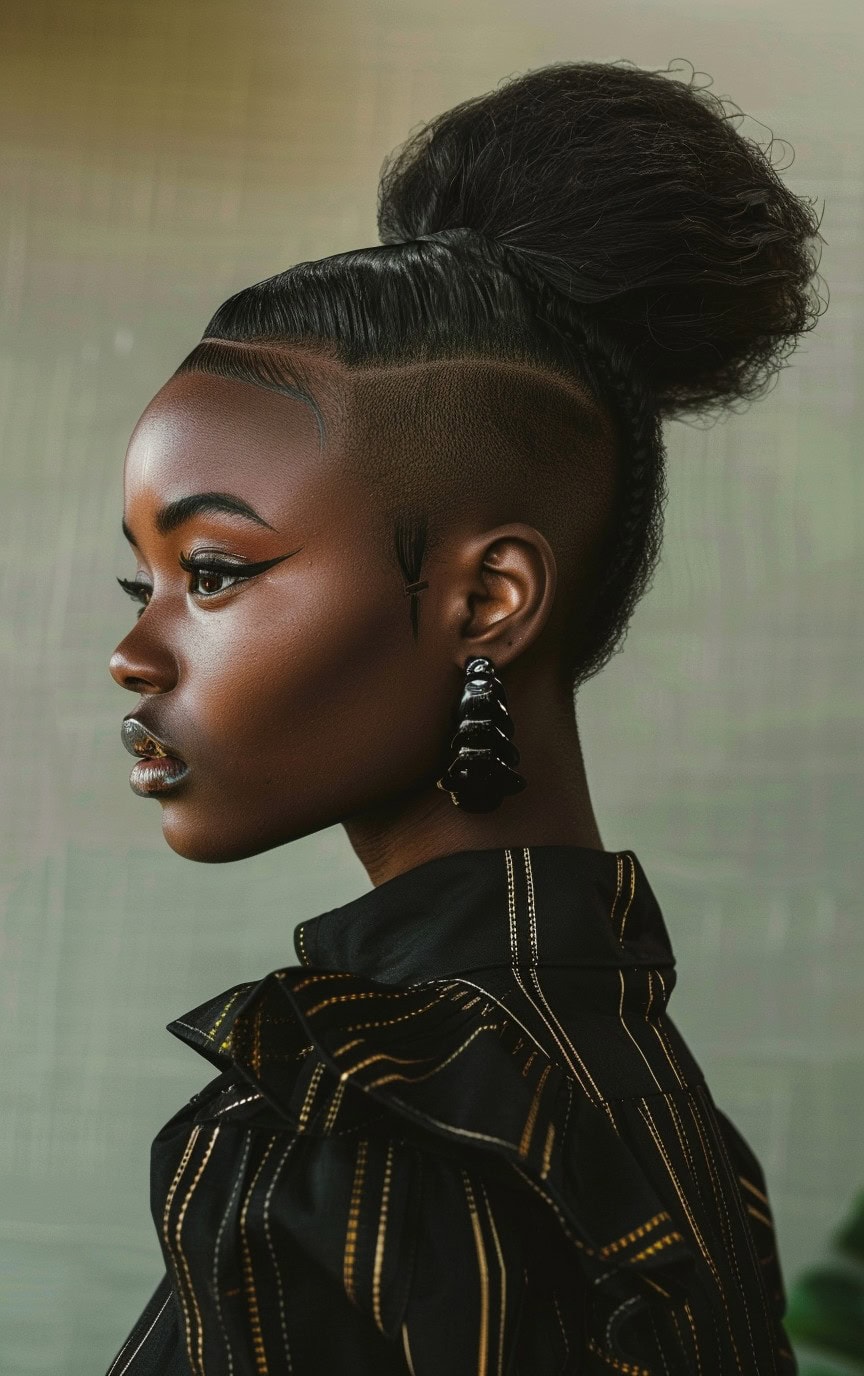 Side view of a woman with a textured high bun and detailed shaved sides, highlighted by natural lighting.