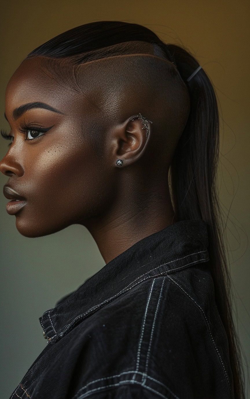 Side view of a woman with a textured high bun and shaved sides, highlighted by natural lighting.