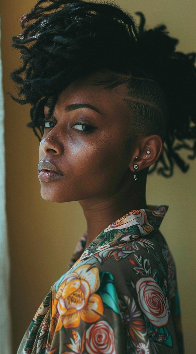 Side view of a woman with textured locs and a geometric shaved undercut, indoors with natural lighting.