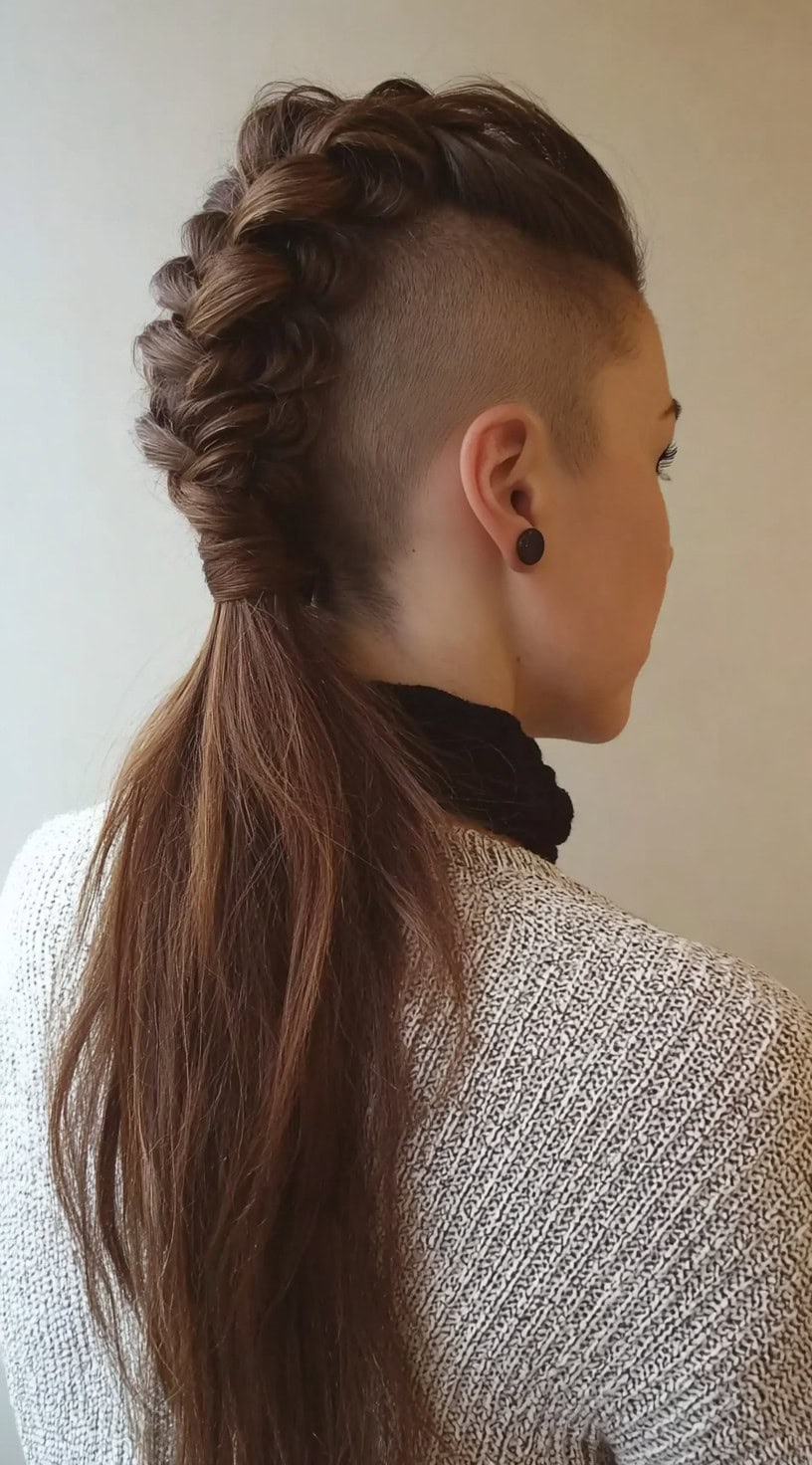 Woman with a braided mohawk running down the center and long hair left flowing in a ponytail, paired with shaved sides.