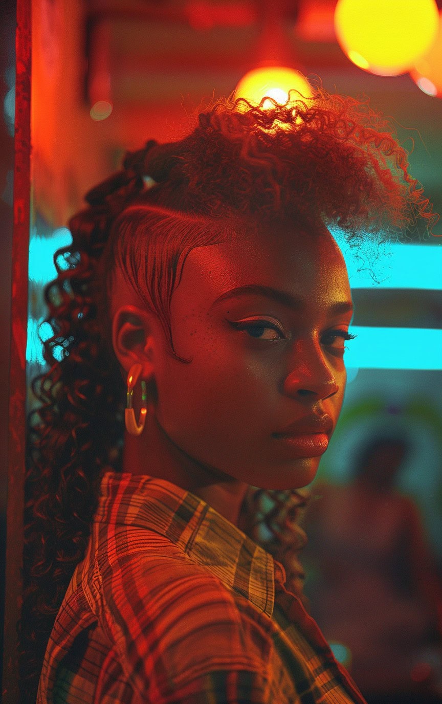 Side view of a woman with a textured mohawk ponytail and shaved patterns, highlighted by soft lighting.