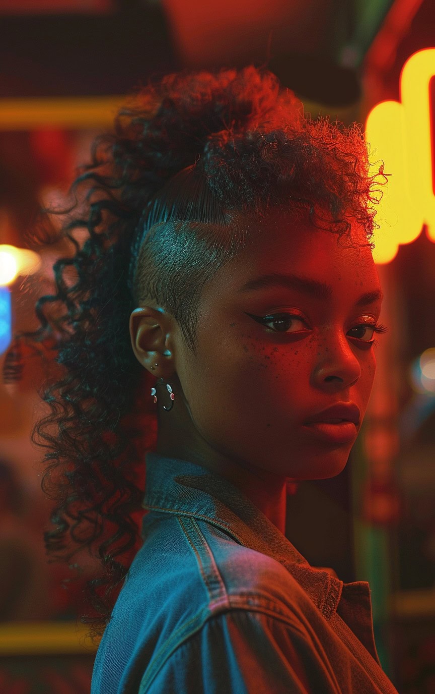 Profile of a woman with a textured ponytail and faded sides, illuminated by neon lights.