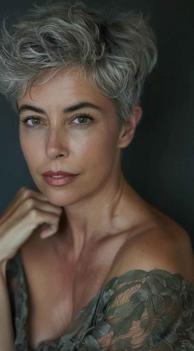 In this photo, a woman with a short textured crop of silver hair poses against a dark background.