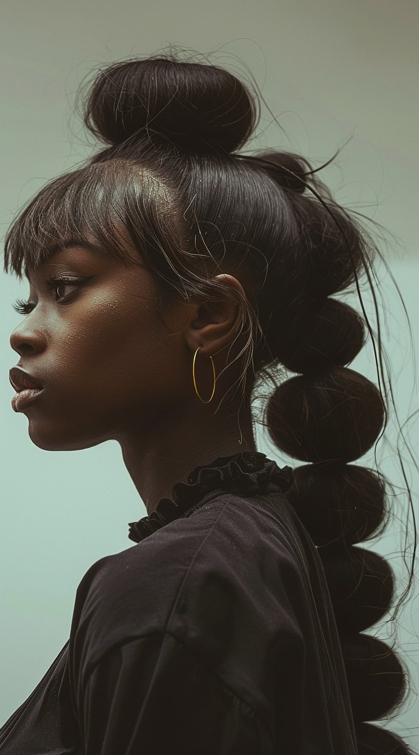 A woman with a top knot, fringe, and a bubble ponytail.