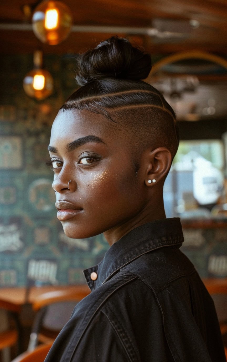 Side view of a woman with a top knot and precision shaved lines, highlighted by warm lighting.